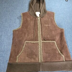 VTG Longaberger Homestead Brown Faux Suede Knit Hooded Vest Wool Blend Large L/G